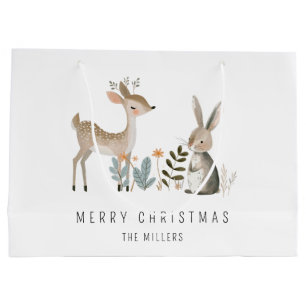 Sacola Para Presentes Grande Mínimo de Watercolor Woodland Deer e Bunny