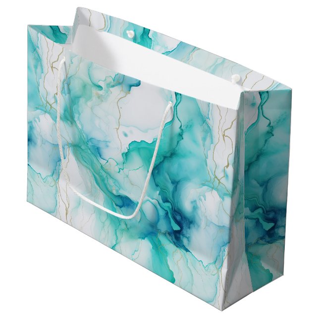 Sacola Para Presentes Grande Mint Aqua Dourada Ink Marble (Frente inclinada)