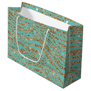 Sacola Para Presentes Grande Mint Dourado Faux Glitter Zebra