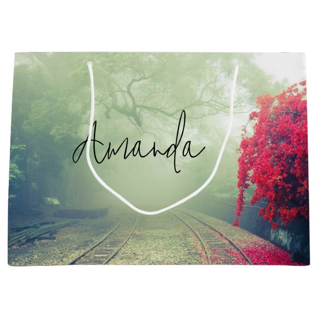 Sacola Para Presentes Grande Misty Railroad Tracks Foto Cênica Aniversário (Frente)