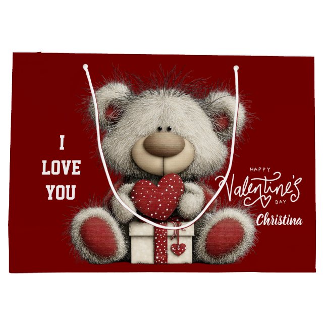 Sacola Para Presentes Grande Modern Cute Bear Happy Valentines Day Name  (Verso)