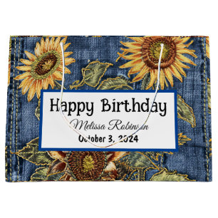 Sacola Para Presentes Grande Modern Denim e Sunflower Aniversário