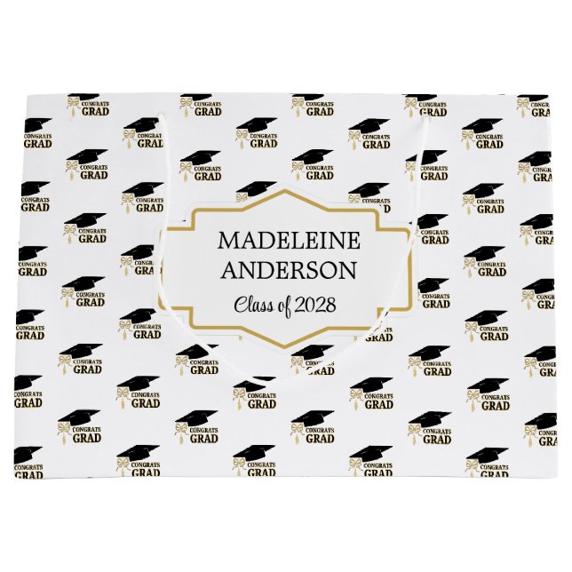 Sacola Para Presentes Grande Modern Whimsical Gold Black Graduation Cap (Frente)