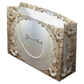 Sacola Para Presentes Grande Modern White Flowers Pearls Gift Bag