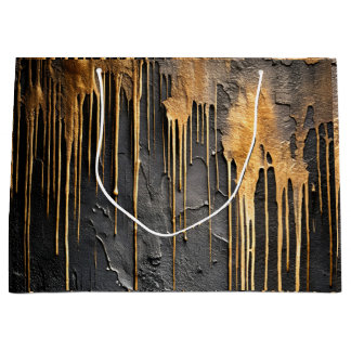 Sacola Para Presentes Grande Moderno Abstracto Preto e Drips Dourados Metálicos