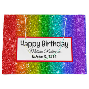 Sacola Para Presentes Grande Moderno Rainbow Glitter Feliz Aniversário