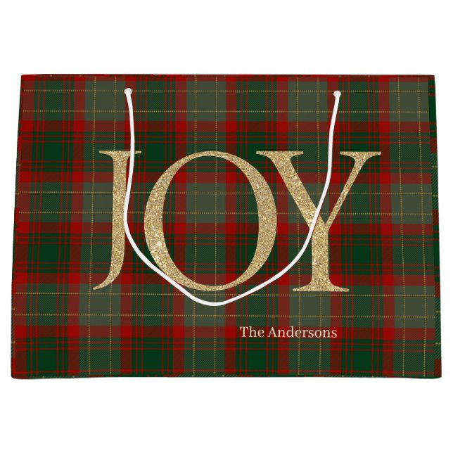 Sacola Para Presentes Grande Moderno Roteiro de Feliz Natal Joy tartan vermelho (Frente)