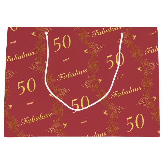 Sacola Para Presentes Grande Moderno Vermelho Dourado 50 Fabuloso Aniversário (Frente)