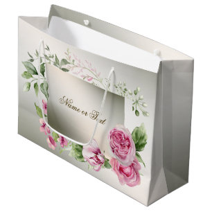 Sacola Para Presentes Grande Moldura Floral Rosa Aquarela Bronze Brilhante Eleg