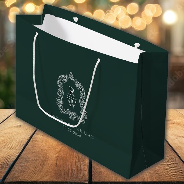 Sacola Para Presentes Grande Monogram Crest Forest Green Wedding (Criador carregado)