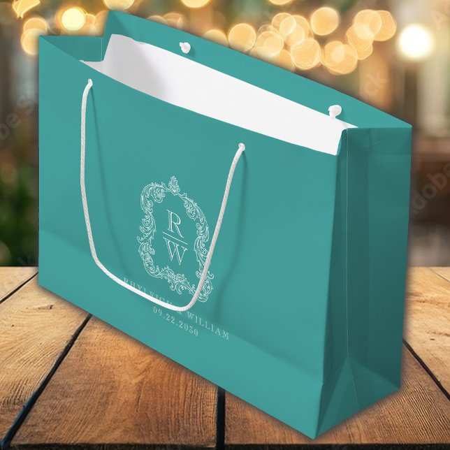 Sacola Para Presentes Grande Monogram Crest Turquoise Wedding (Criador carregado)