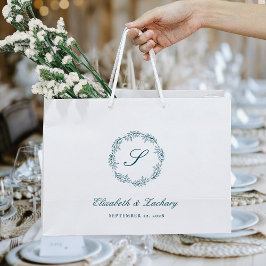 Sacola Para Presentes Grande Monogram Teal Blue Foliage Wreath Wedding