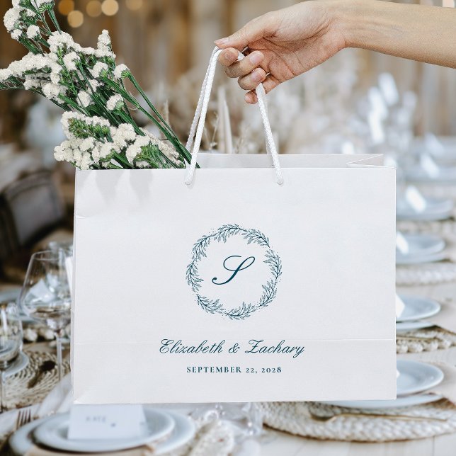 Sacola Para Presentes Grande Monogram Teal Blue Foliage Wreath Wedding (Criador carregado)