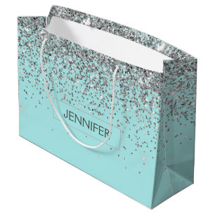 Sacola Para Presentes Grande Monograma Blue Silver Glam Glitter