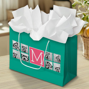 Sacola Para Presentes Grande Monograma de Colagem de Fotografias do Teal e do H