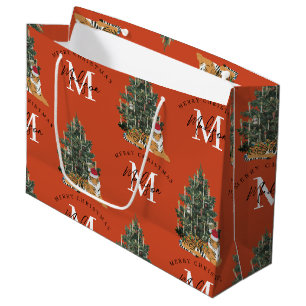 Sacola Para Presentes Grande Monograma de Feliz Natal Personalizado Tigre e Ver