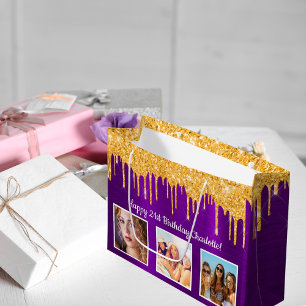 Sacola Para Presentes Grande Monograma de fotos com ouro roxo de aniversário