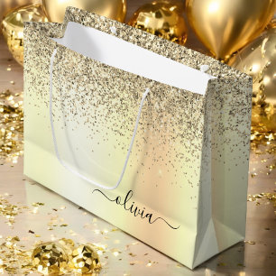 Sacola Para Presentes Grande Monograma de Metal Brilho Dourado Nome Glam