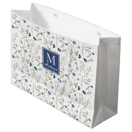 Sacola Para Presentes Grande Monograma de Nome Aquarela Flor Silvestre Azul