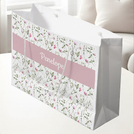 Sacola Para Presentes Grande Monograma de Nome Aquarela Flor Silvestre Rosa