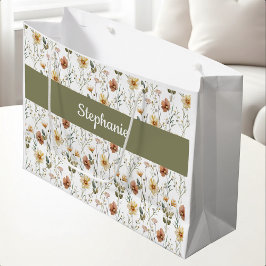 Sacola Para Presentes Grande Monograma de Nome Aquarela Flor Silvestre Verde Bo
