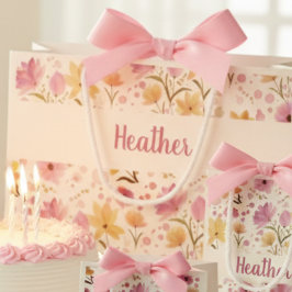 Sacola Para Presentes Grande Monograma de Nome com Flor Silvestre Rosa em Aquar