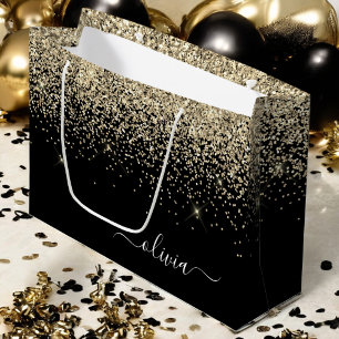 Sacola Para Presentes Grande Monograma de Nome Glamouroso em Glitter Preto e Do