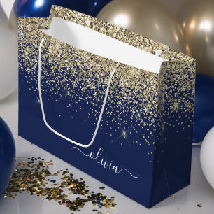 Sacola Para Presentes Grande Monograma de Nome Glitter Azul Naval Dourado Femin