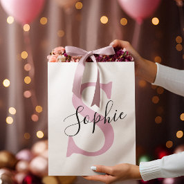 Sacola Para Presentes Grande Monograma de Nome Personalizado Moderno - Rosa