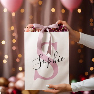 Sacola Para Presentes Grande Monograma de Nome Personalizado Moderno - Rosa