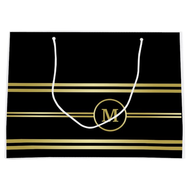 Sacola Para Presentes Grande Monograma de ouro elegante a preto (Frente)
