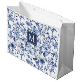 Sacola Para Presentes Grande Monograma de Padrão Toile Floral Azul Vintage