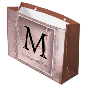 Sacola Para Presentes Grande Monograma de Script Glitter Dourado rosa