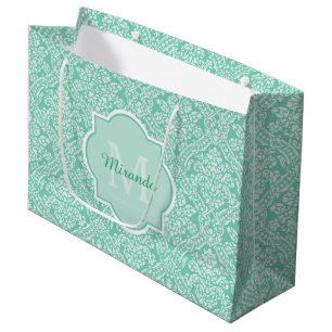 Sacola Para Presentes Grande Monograma do Damasco Verde na moda Mint com Nome