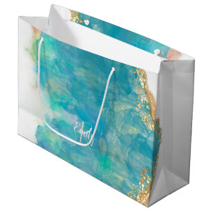 Sacola Para Presentes Grande Monograma do Nome do Abstrato de Marble do Teal &