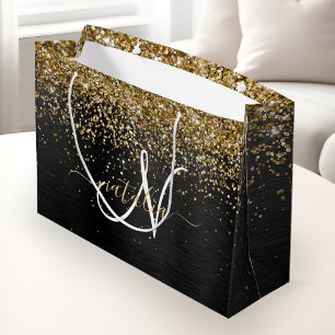 Sacola Para Presentes Grande Monograma Dourado de brilho preto com brilho perso