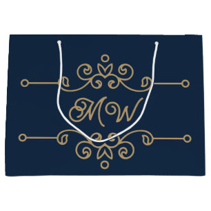 Sacola Para Presentes Grande Monograma Dourado e Marinho Azul Flourado, luxo