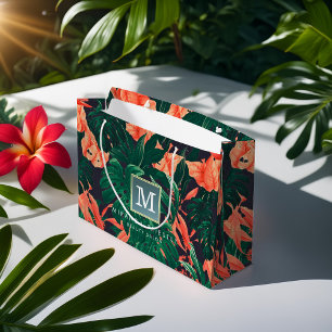 Sacola Para Presentes Grande Monograma Dourado moderno floral tropical elegante