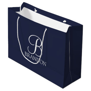 Sacola Para Presentes Grande Monograma e Nome de Script Personalizado Azul-mari