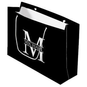 Sacola Para Presentes Grande Monograma e Nome Personalizados Preto e Branco