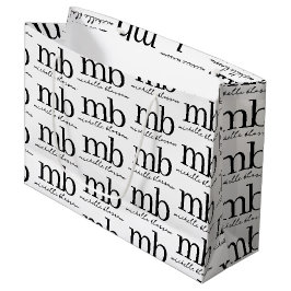 Sacola Para Presentes Grande Monograma Inicial de Script Moderno Preto e Branco