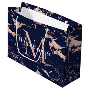 Sacola Para Presentes Grande Monograma na moda Marinho azul mármore Rosa dourad