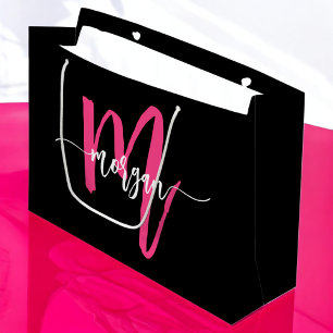 Sacola Para Presentes Grande Monograma Na moda Moderno Rosa Quente Preto