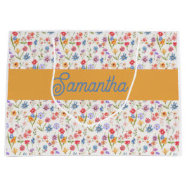 Sacola Para Presentes Grande Monograma Nome Aquarela Flor Silvestre Azul Roxo