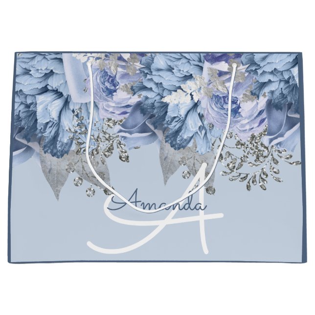 Sacola Para Presentes Grande Monograma Nome Bridal Favor Casamento Blue Floral (Frente)