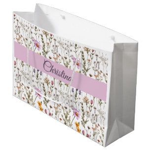 Sacola Para Presentes Grande Monograma Nome Flor Silvestre Aquarela Rosa Roxo