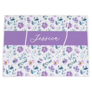 Sacola Para Presentes Grande Monograma Nome Flor Silvestre Aquarela Roxo Verde