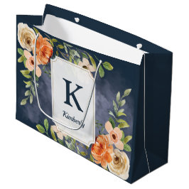 Sacola Para Presentes Grande Monograma Personalizado Azul Marinho e Floral Pêss