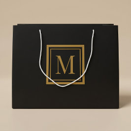 Sacola Para Presentes Grande Monograma Personalizado em Moldura Preta e Dourada
