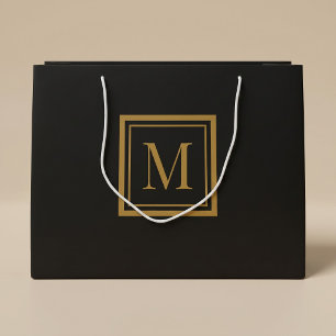 Sacola Para Presentes Grande Monograma Personalizado em Moldura Preta e Dourada
